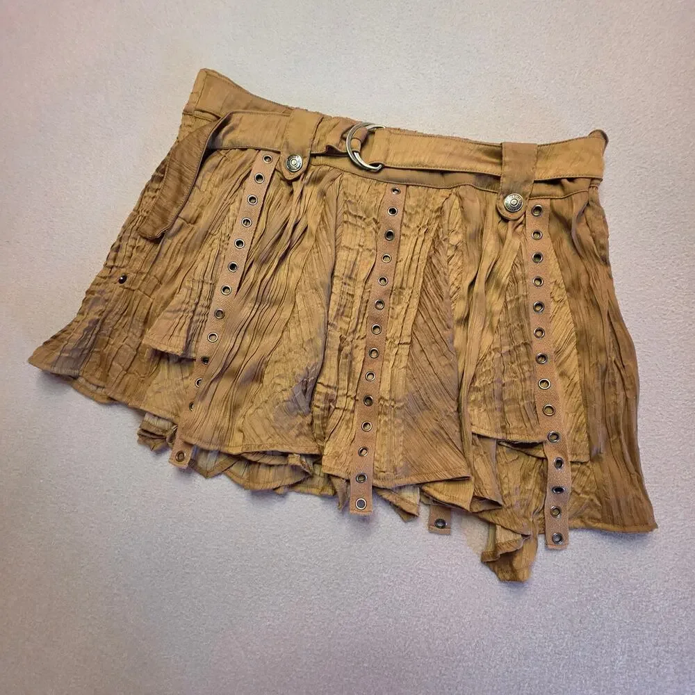 Free People Rue Mini Skirt Golden Brown Sz Large Godet Hardware Elastic Waist